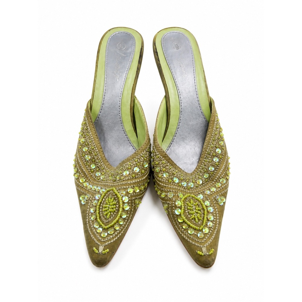 Anne Michelle Vintage Y2K Green Beaded Floral Satin Kitten Heels Women's Size 6